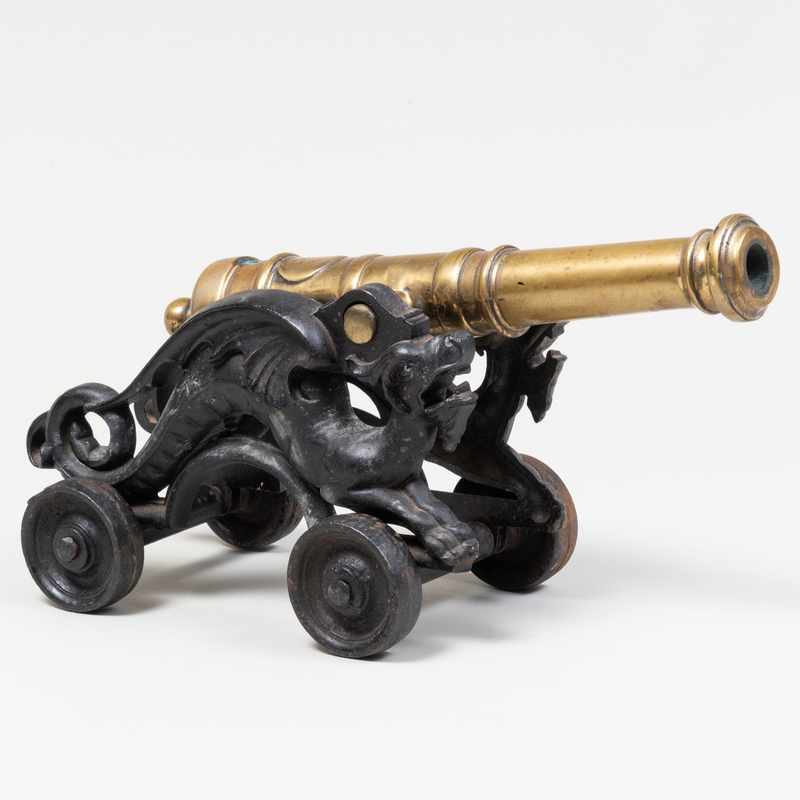 Appraisal: Brass Signal Cannon with Cast Iron Dragon Form Sides x