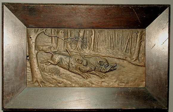 Appraisal: Framed bronze relief plaque of wild boar c signed H