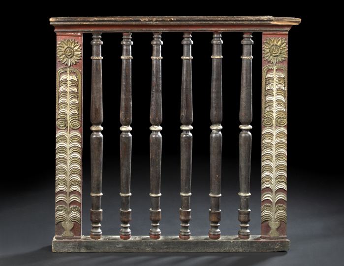 Appraisal: Large Spanish Colonial Turned Carved Polychromed and Parcel-Gilt Wooden Balustrade