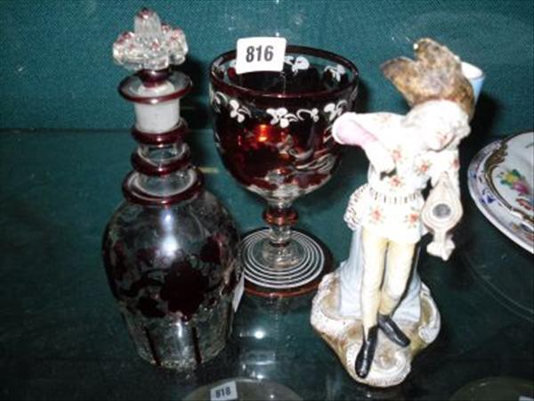 Appraisal: A Meissen figural match holder together with a ruby decanter