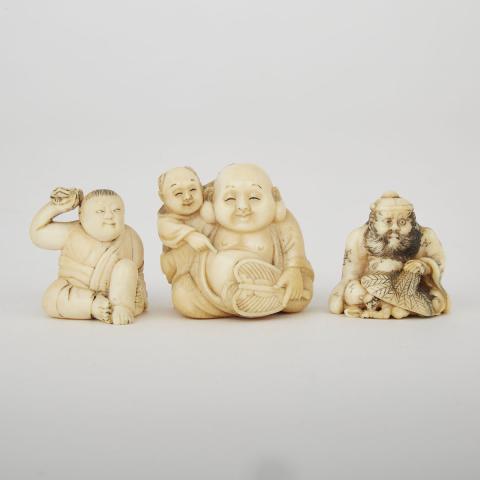 Appraisal: Three Carved Ivory Netsuke Meiji Period Each depicting a figural