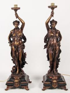 Appraisal: PAIR OF FINELY CAST BRONZE FIGURAL TORCHIERE GAS OIL LAMPS