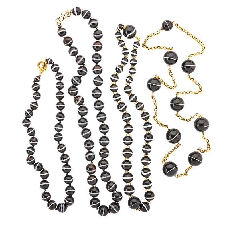 Appraisal: FOUR BANDED AGATE AND K GOLD NECKLACES Turned beads -