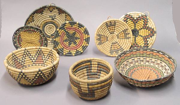 Appraisal: Eight Hopi polychrome baskets Including two wicker weavings one by