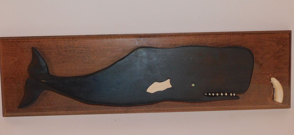 Appraisal: CARVED WOOD WHALE PLAQUE Vintage wood plaque with carved sperm