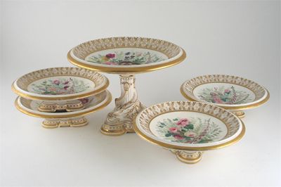 Appraisal: Four low and one high Davenport porcelain tazzae painted with