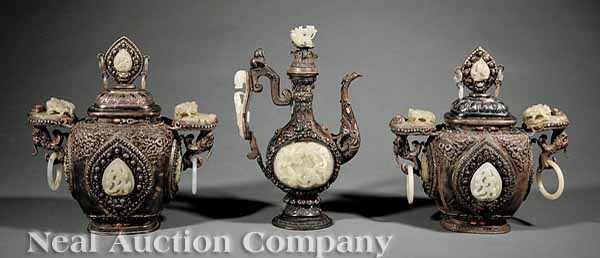 Appraisal: Three Sino-Tibetan Jade and Hardstone-Mounted Silver Vessels including a lidded