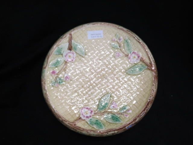 Appraisal: Majolica Pottery Cake or Dessert Stand floral on yellow basketweave