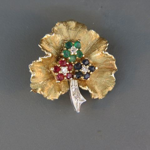 Appraisal: Ruby Emerald Sapphire Diamond Brooch flower form k yellow white