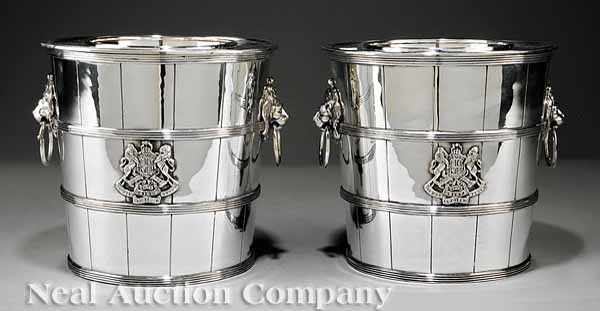 Appraisal: A Pair of Regency-Style Silverplate Wine Buckets the staved bodies