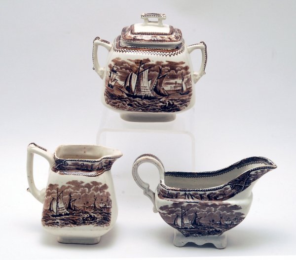 Appraisal: Three pieces of brown transferware in the American Marine pattern