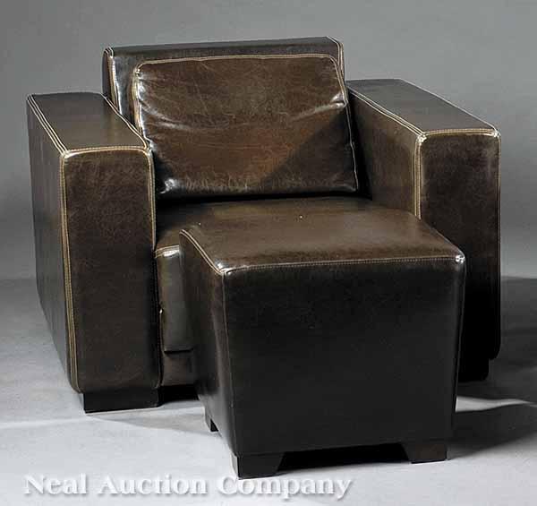 Appraisal: A Contemporary European Leather Chair with Ottoman canted back with