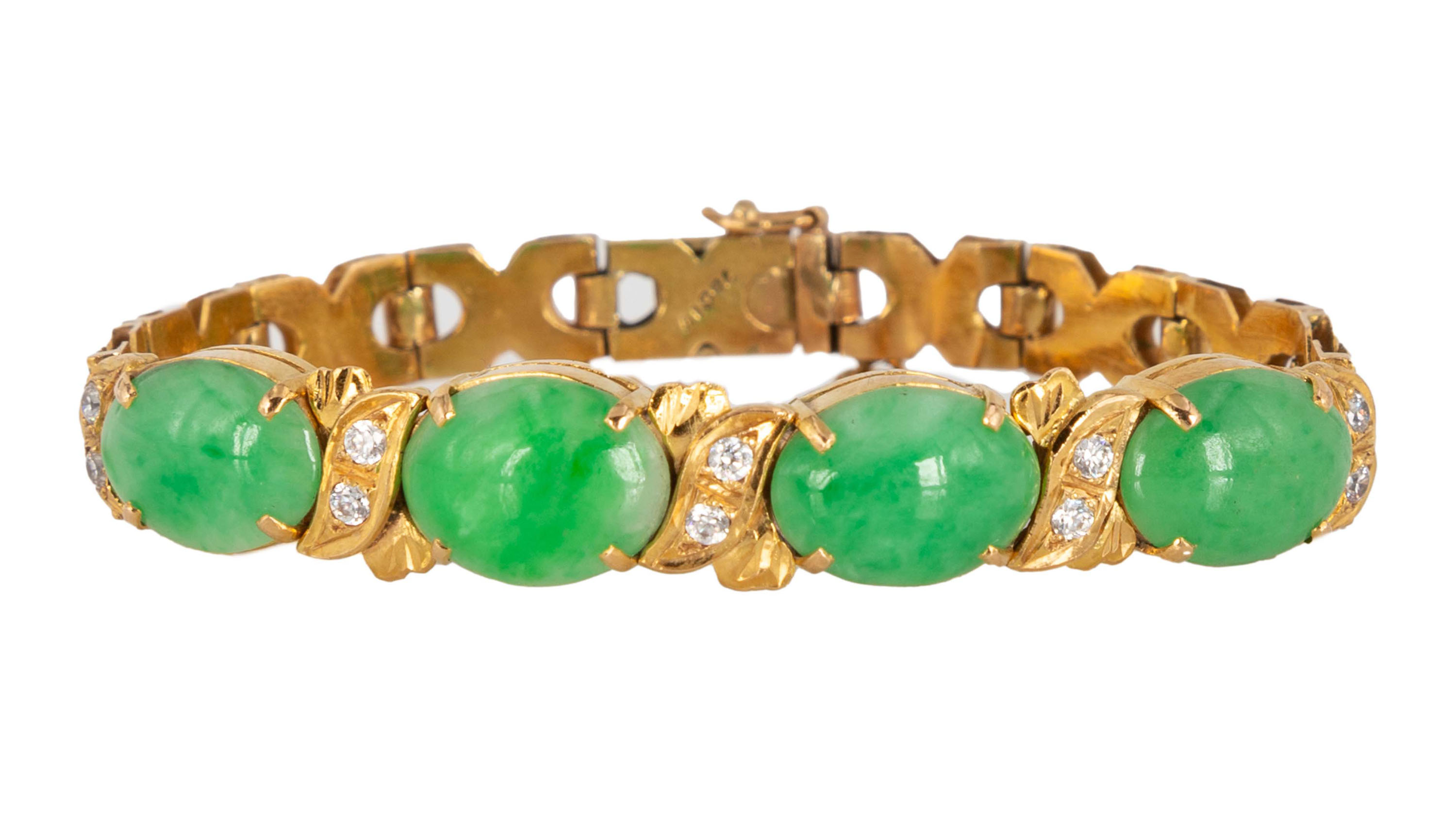 Appraisal: K GOLD JADEITE DIAMOND BRACELET grams Jadeite pieces approximately mm