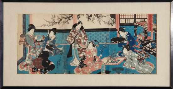 Appraisal: Japanese school th century FIVE WORKS PAIR TRIPTYCH SCENES PAIR