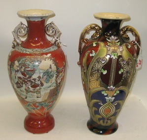 Appraisal: TWO JAPANESE POTTERY VASES each with applied handles hand painted