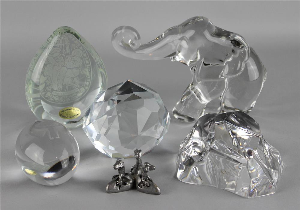 Appraisal: FIVE CLEAR GLASS PAPERWEIGHTS including a molded glass elephant with