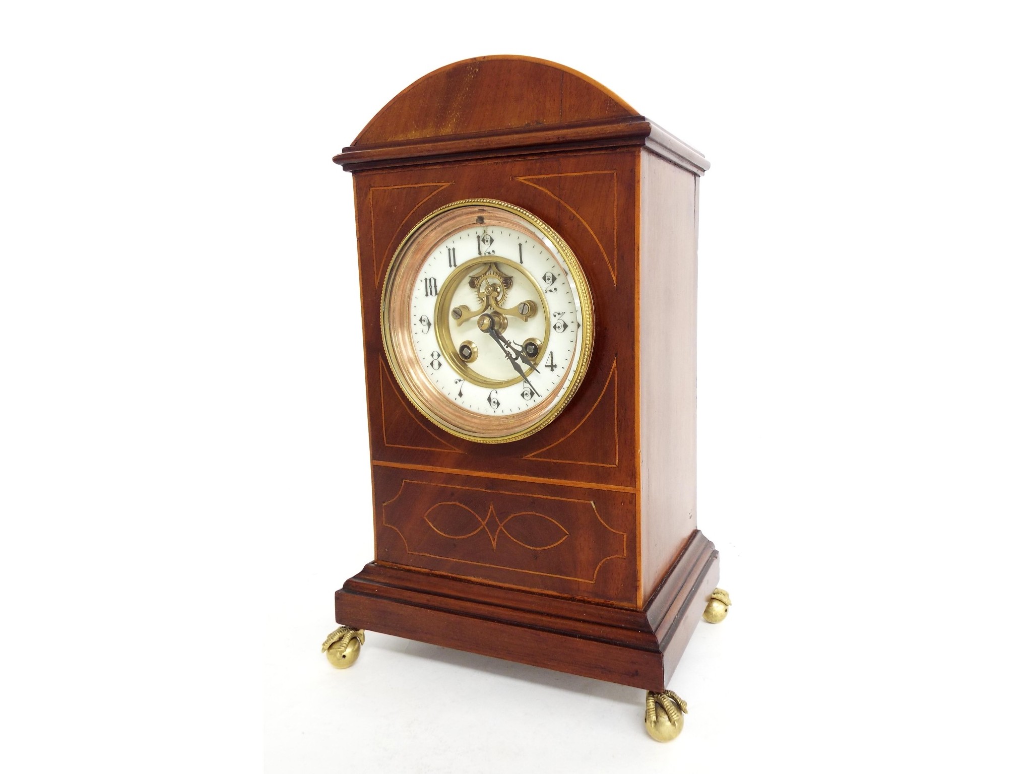 Appraisal: Mahogany inlaid two train mantel clock the Mougin movement striking