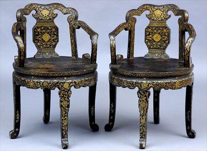 Appraisal: PAIR OF CHINESE LACQUER ARMCHAIRS Each waved top rail above