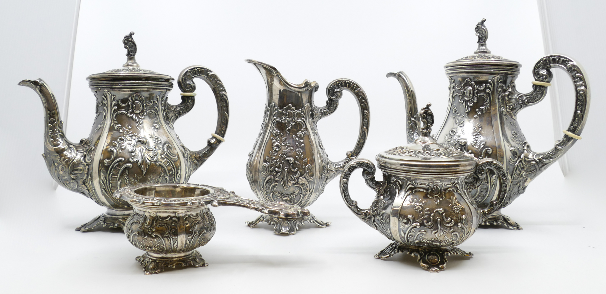 Appraisal: pc Spanish Silver Ornate Floral Tea Service '' to ''