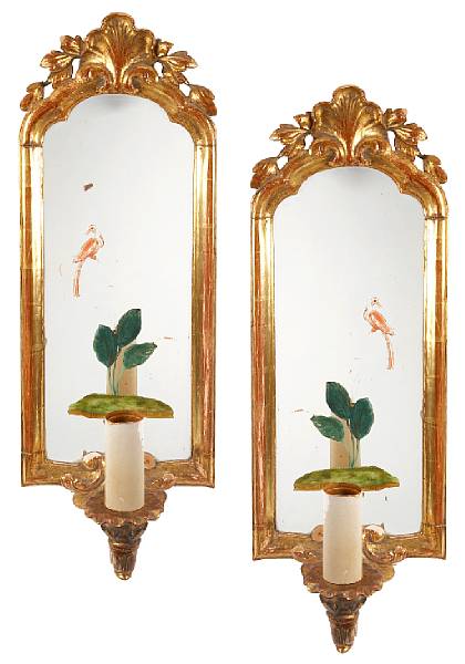 Appraisal: A pair of giltwood paint decorated mirrored sconces height in