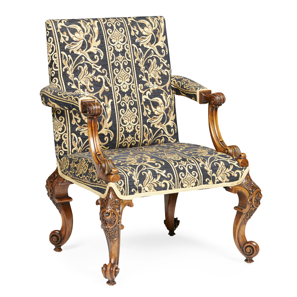 Appraisal: GEORGE II STYLE MAHOGANY ARMCHAIR TH CENTURY the square padded