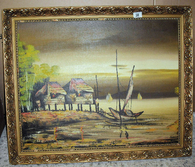 Appraisal: Oil on Canvas Paintings depicting Boat shore scene Signed Ale