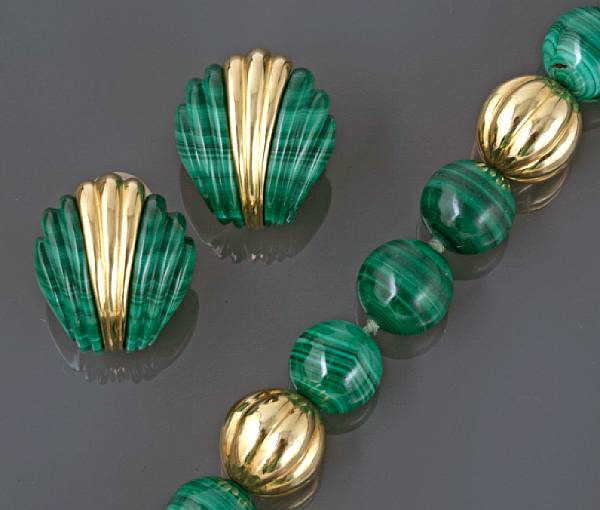 Appraisal: A malachite and k gold bead necklace with a pair