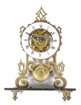 Appraisal: A brass skeleton clock with a single fusee movement and