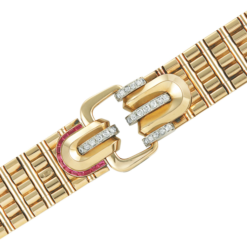 Appraisal: Gold Platinum Diamond and Synthetic Ruby Bracelet-Watch diamonds ap cts