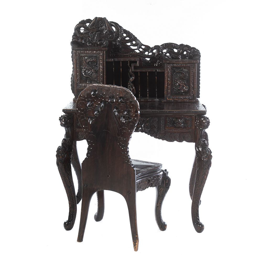 Appraisal: Chinese Export Carved Wood Desk Chair With elaborately carved and