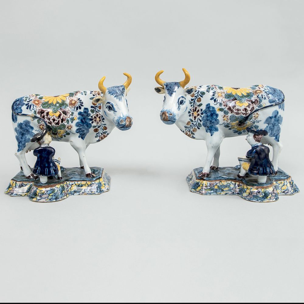 Appraisal: Pair of Dutch Polychrome Delft Milking Groups Each marked in