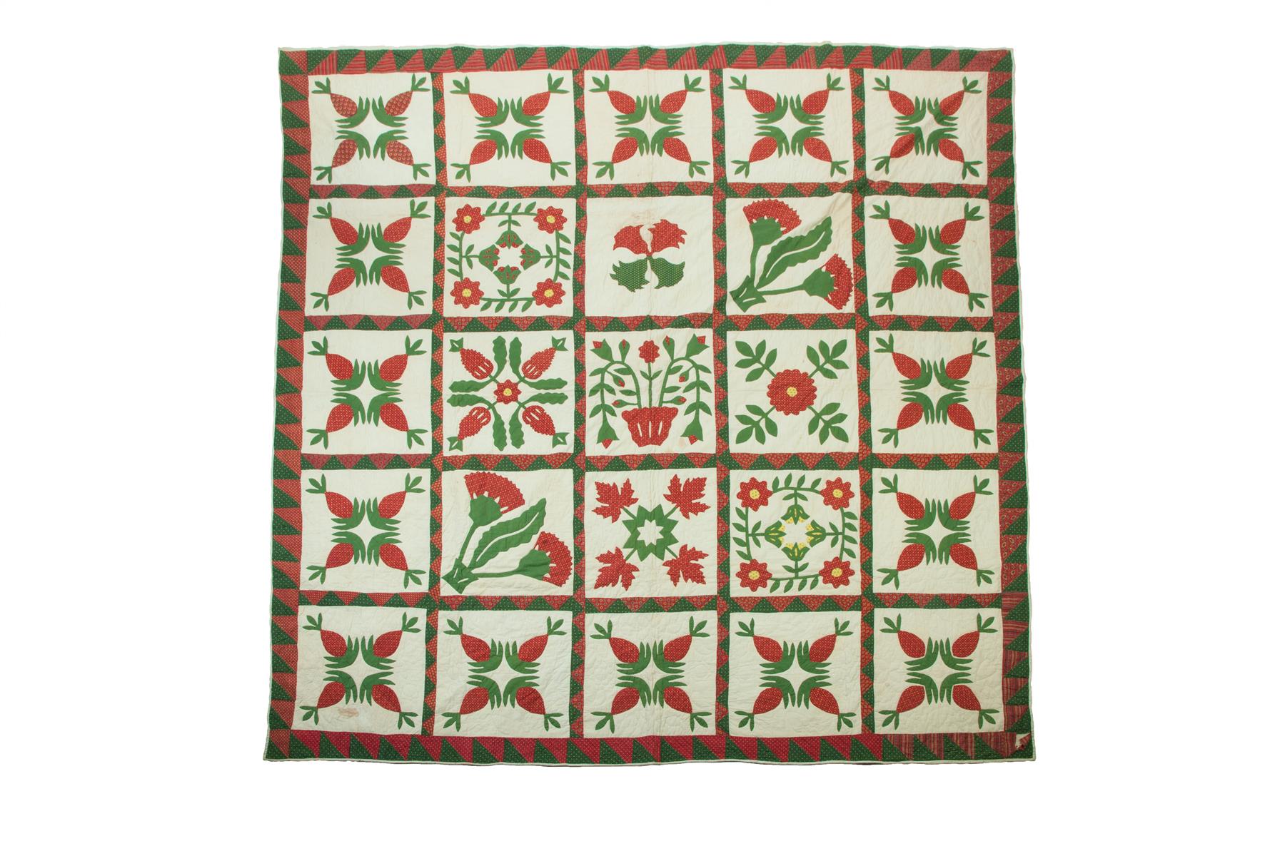 Appraisal: RED AND GREEN APPLIQUE QUILT Mid th century Handsewn and