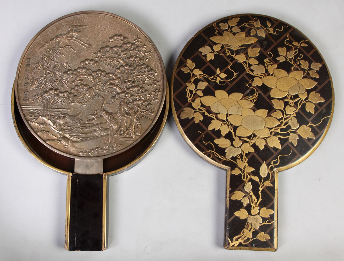 Appraisal: Japanese Bronze Relief Mirror in a Lacquered Painted Case C