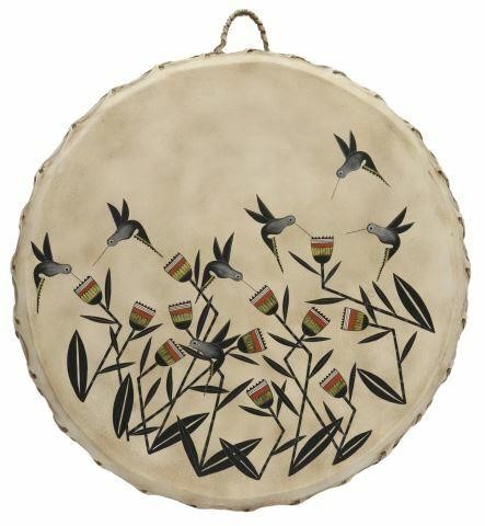 Appraisal: Southwest painted hide drum Humming Birds Anasazi Sunflowers signed Robert