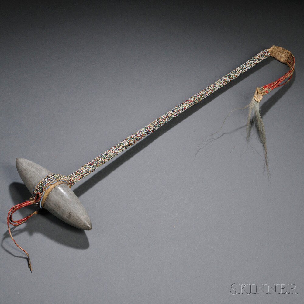 Appraisal: Plains Skullcracker Club with bead-wrapped handle and quilled attachments bead