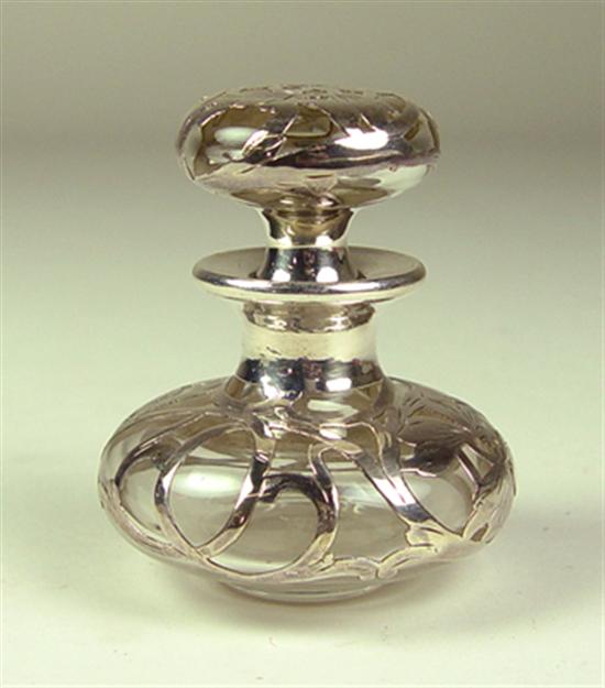 Appraisal: Sterling Overlay Glass Perfume Bottle Colorless glass bottle Unmonogrammed cartouche