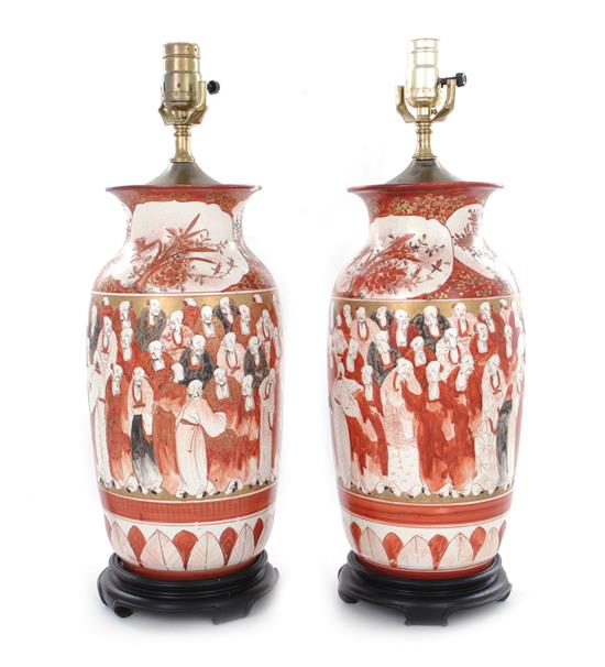 Appraisal: Pair Satsuma vases converted to lamps Meiji period electrified H