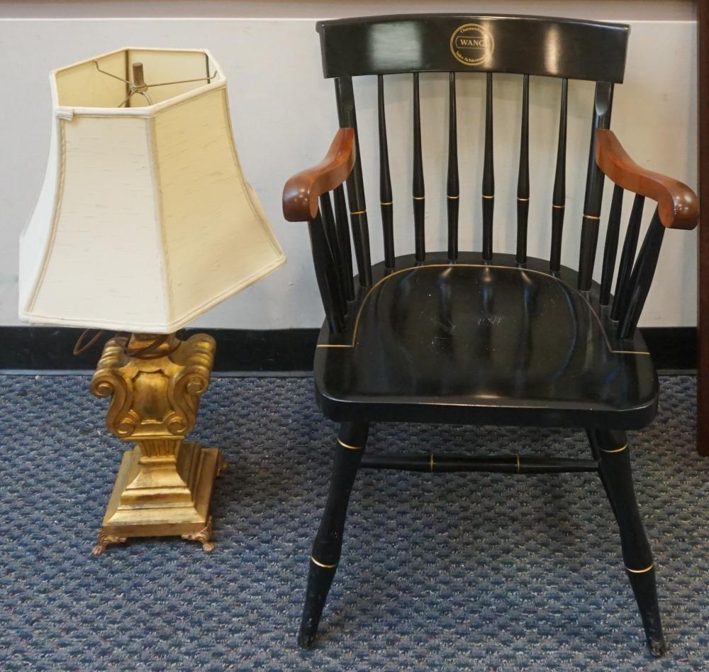 Appraisal: Ebonized Wood and Cherry Armchair and Gold Painted Table Lamp