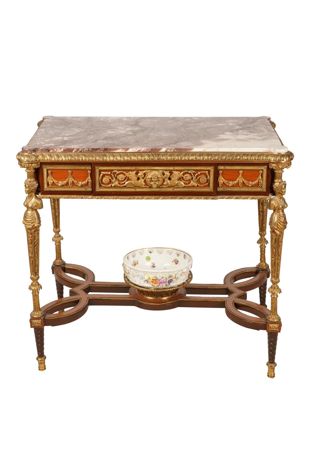 Appraisal: FRENCH MARBLE-TOP SIDE TABLEafter with eared rectangular violet marble top