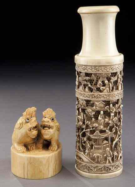 Appraisal: Chinese carved ivory seal and vase International buyers should note