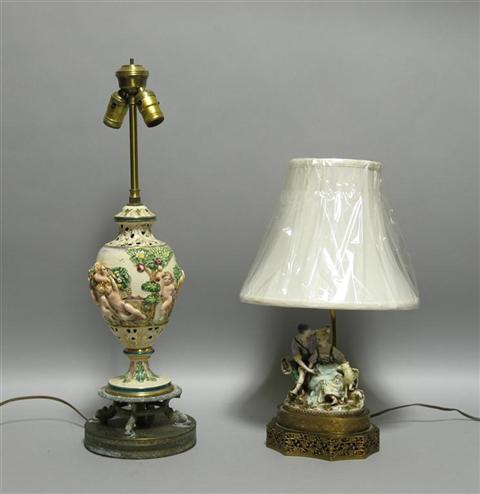 Appraisal: TWO PORCELAIN LAMPS Including one modeled as a shepherd and