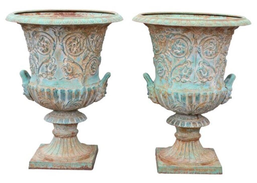 Appraisal: pair Monumental verdigris patinated cast iron campana-form garden urn planters