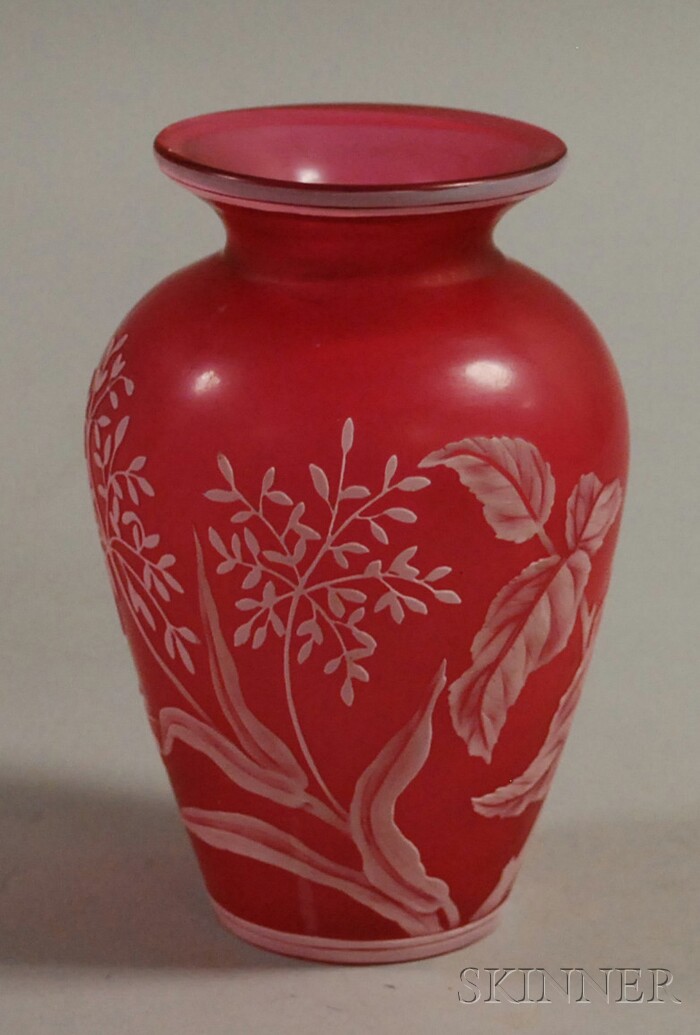 Appraisal: Webb Attributed Red Cameo Art Glass Cabinet Vase ht in