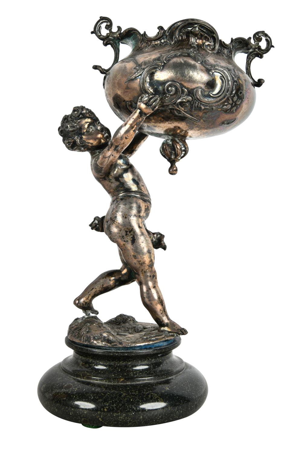 Appraisal: CONTINENTAL SILVER-PLATED FIGUREunmarked modeled as a cherub holding a bowl