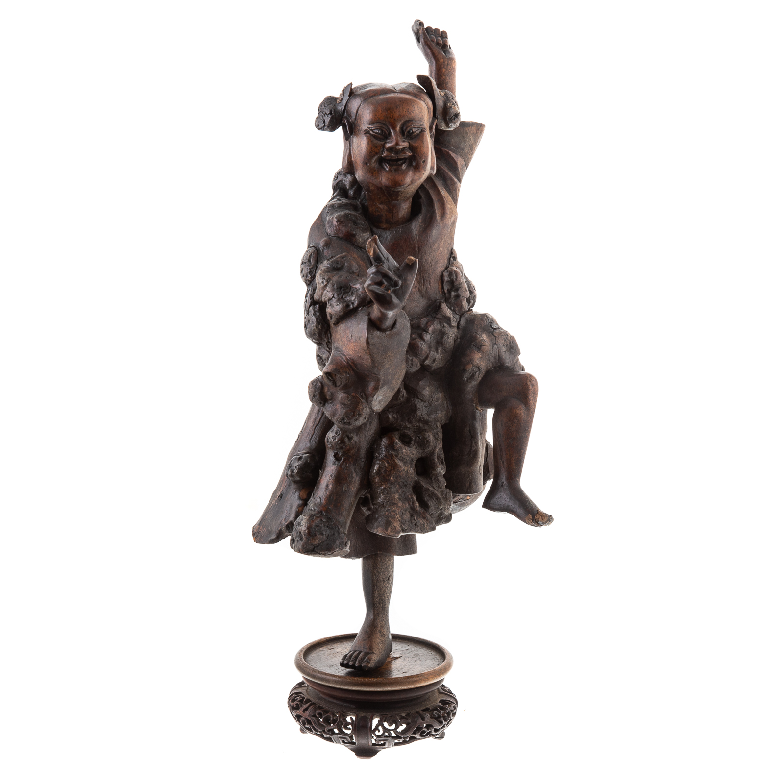 Appraisal: JAPANESE CARVED WOOD DANCING FIGURE th century mixed burl and