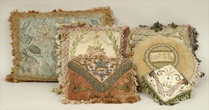 Appraisal: Six Assorted Silk Needlework Silk Lampas and Brocaded Silk Pillows