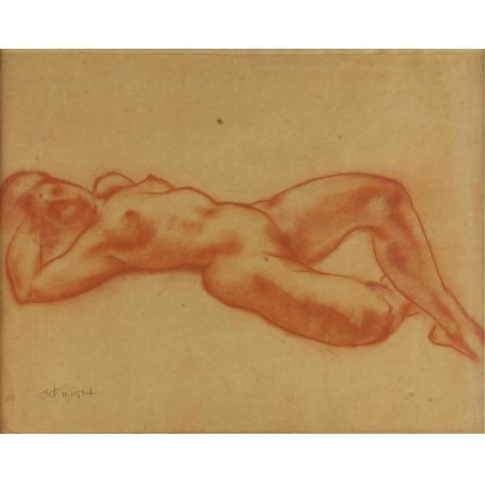 Appraisal: SANGUINE CHALK FEMALE NUDE FIGURE STUDY DRAWING PAPER ATTRIBUTED TO