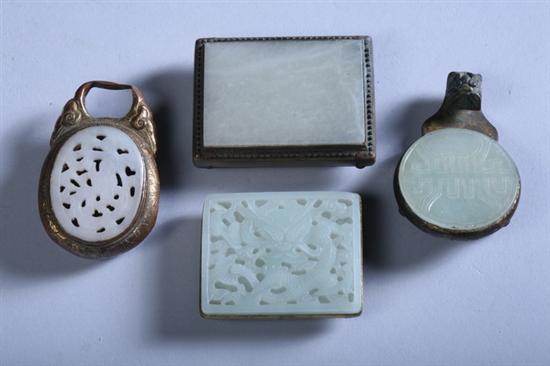 Appraisal: FOUR CHINESE CELADON AND WHITE JADE GILT COPPER MOUNTED BELT