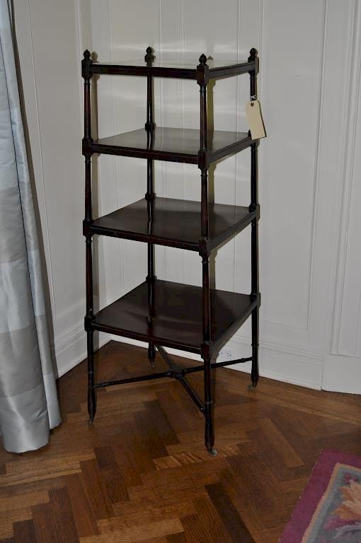 Appraisal: English Mahogany Etagere with four shelves on column supports Scratches