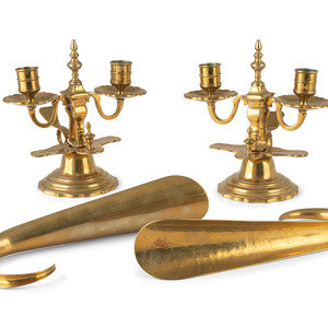 Appraisal: A Pair of Brass Two-Light Candelabra a Pair of Shoe